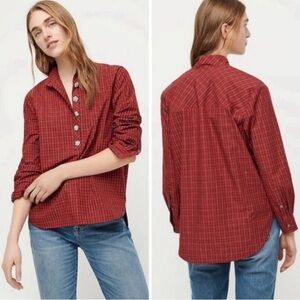 J. Crew 6 Jeweled Button Popover Tunic Top Red Checkered Plaid Cotton
